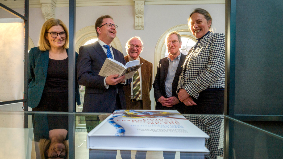 (L-R) Prof Nicola McEwen, book co-editor, Emeritus Professor of Politics at University of Aberdeen and Professor of Public Policy and Governance at University of Glasgow; Minister for Further and Higher Education, Research, Innovation and Science, James Lawless, TD; Dr Paul Gillespie, book co-editor, Director of CFaB, Adjunct Senior Research Fellow and expert in British-Irish relations at UCD; Prof Michael Keating, book co-editor, Emeritus Professor of Politics at University of Aberdeen; Prof Kate Robson Brown, UCD Vice-President for Research, Innovation and Impact.